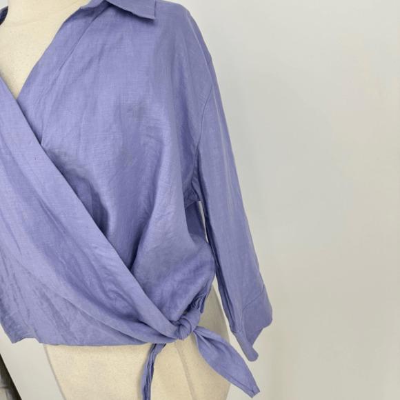 Valerie Stevens Womens 100% linen Wrap Blouse XL 3/4 Sleeve Purple Front Tie - Picture 9 of 11